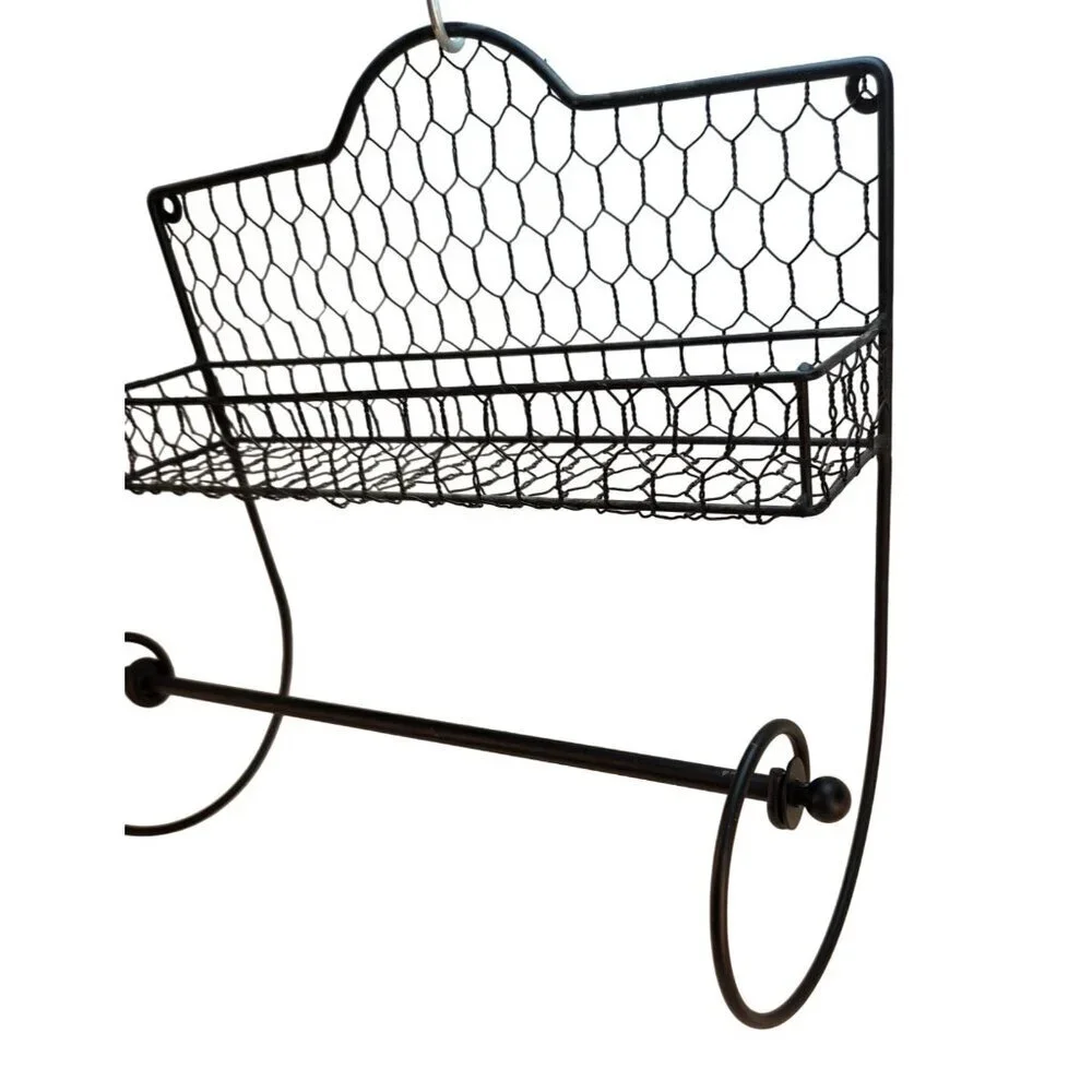 Black Metal Wire Wall-Mounted Shelf & Paper Towel Holder With Decorative Chicken - Picture 4 of 8